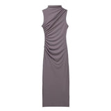 New Pleated Trim Sleeveless Flute Dress 3152200-Outfit