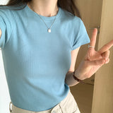 Basic Grey Shoulder T-Shirt Women's Short-Sleeved Round-Necked T-Shirt Threaded To Show A Thin Blouse In
