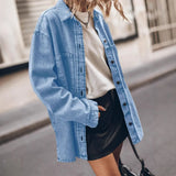 Fongt Women's Retro Long-Sleeved Denim Jacket Blue Big Pocket Casual Shirt Lady