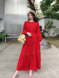 Fongt Wooden Ear Collar Buckle Tie With Long Hollow Lace Splicing French Bubble Sleeve Dress