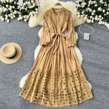 Fongt Retro Hollow Hook Lace Splicing Bow Strap With Waist Single Buckle Over Knee Dress New Autumn New