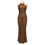 Fongt Summer New Knitted Neck Sleeveless Long Dress Solid Color Tight Sexy Bare Back Dress Woman