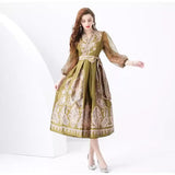Fongt Famous Woman On Holiday Wrapped With V-Neck Lantern Sleeve Long Retro-Print Dress Elegant Woman