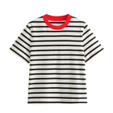 Fongt Round-Neck Striped Print T-Shirt 2025 Spring And Summer Short-Sleeved Leisurely Simple Women's Clothing Top