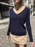 Women Solid Color Knit Sweaters 2023 Autumn Chic Long Sleeves V-Neck Sweaters Causal Female Crop Knitwears-Outfit