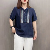 Peter Pan Collar Blouse Casual Loose Female Clothing Stylish Printed Patchwork Button 2023 Summer New Short Sleeve Shirt-Outfit