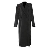 Fongt New Striped Splicing Irregular Ribbon Handmade Flowers Long Blazer Wind Coat 1783