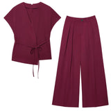 Fongt Women's 2025 Summer New Fashion Retro Waist Design Cardigan Top Broad Leg Trousers Set