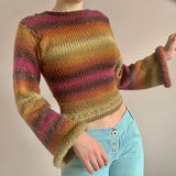 Vintage Rainbow Striped Knitted Sweaters Autumn Winter Crimping Long Sleeve Cropped Pullovers Jumpers Streetwear Chic