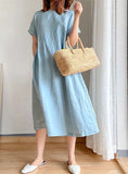 Fongt New Leisure Spring And Summer Loose Skirt Short Sleeve Round Neck Solid Cotton Linen Dress