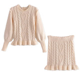 Autumn Solid Color Knitted Twist Puff Long sleeve Pullover Sweater Ruffles Hem High Waist Mini Skirt 1