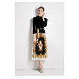 Fongt Suit Women's Collar Slim Thin Knitting Top Two Sets Of High-Waist Baroque Prints Half-Dress