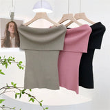 Fongt Retro Sexy Shoulder Repair Slimming Paper Pieces Knitted Vest T-Shirt Blouse Short Short Sleeve