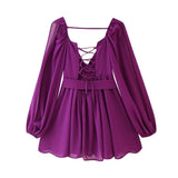 Fongt Summer Out-The-Shoulder Lantern Long-Sleeved V-Neck Dress Sexy Showy Multi-Colored Skirt Woman