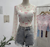 Real Shooting Bow Print Bare Back Net Yarn Sunscreen Long-Sleeved T-Shirt Hottie With Chest Pads Two Short Tops