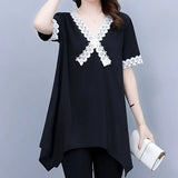 Solid Color Elegant V-Neck T-shirt Female Clothing Fashion Lace Spliced Summer Irregular All-match Short Sleeve Pullovers-Outfit