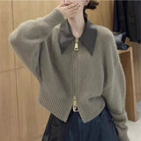 Fongt Goods Sweater Coat Women's Leather POLO Collar Stitching Knit Cardigan Zipper Lazy Wind 2024 Autumn / Winter New Top-Outfit