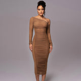 Fongt 2024 The New Women's Long Sleeve Mesh Splicing Inclined Shoulder Long Temperament Pleated Dress