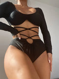 Long Sleeve Bikini Women Solid Black Hollow Out Bandage Arround Two Piece Swimsuit Sport Bathing Suit High Waist