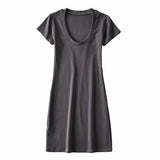 New Large U-Necked Dress Summer Solid Color Leisure Basic Medium-Long Short-Sleeved T-Shirt Skirt-Outfit