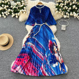 Fongt Women's Niche Elegant Dress New Hollow Nail Ball Neck-To-Celing Waist-Print Folding Long Skirt
