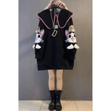 Japanese Cute Cat Embroidery Peter Pan Collar Oversized Sweatshirt Students Girls Black White Pullover Korean Kawaii Clothes-Outfit