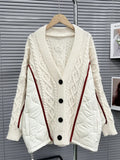 V Neck Long Sleeve Single Breasted Patchwork Contraste Sweater For Women 2024 Autumn Fashion Female New Clothing TH1551-Outfit
