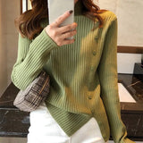 New 2021 Autumn Winter Women Sweater Knitted Multi Colors Buttons Korean Style Wild Lady Slit Pullovers Tops