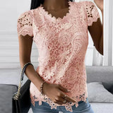 Womens Lace Round Neck Tops T-Shirts Ladies Summer Casual Short Sleeve Blouse Pullover Fashion Clothing For-Outfit