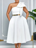 Fongt Large-Size Women's Summer New Fashion Slanted Shoulder Bow Banquet Dress African Dress