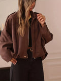 Fongt Women's Lint Jacket Retro Brown Zipper Long-Sleeved Clip Loose Autumn Winter Jacket