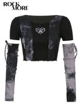 Grunge Fairycore Crop Top Women Short Sleeve Patchwork TShirt And Arm Gloves Female Streetwear Tie Dye Tee Goth Clothes-Outfit
