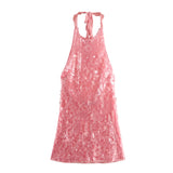 Fongt Women's Explosive Pink Beads Sexy Bare Back Hanging Neck Sleeveless Dress