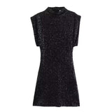 Fongt New With Cushioned Shoulder Squins Embellion Slimming Mini Dress