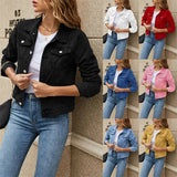 Women's Short Denim Jackets Fashion Female Casual Long Sleeve Lapel Solid Button Pocket Slim Jean Jacket Fall Winter