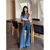 Fongt Kong Style Retro Dark Blue Loudspeaker Jeans Women 2025 Spring And Autumn High Waist Hanging Feeling Drag Broad Legs Long Pants