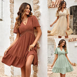 Fongt Leisure Spring And Summer New Women's Fresh V Collar Pure Color Lotus Leaf Sleeve Dress Women-Outfit