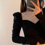 Elegant Shirts Women Puff Sleeve Square Collar Blouses Office Lady Korean Autumn Black Chic Slim Casual All Match Tops-Outfit
