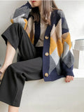 2022 Plaid Chic Cardigans Button Puff Sleeve Checkered Oversized Women's Sweaters Winter Spring Sweater Tops