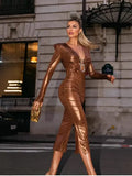 Sexy Temperament V-Neck Snake-Shaped Accessory Long-Sleeved PU Leather Ass Leather Dress Autumn And Winter New