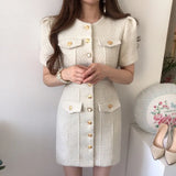 Fongt Chic French Temperament Round Collar Chic Metal Button Slim Slim Short Sleeve Wrapped Hip Tweed Dress Woman-Outfit