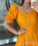 New E-Commerce Women's Wear Orange Short-Sleeved Waist Hollowed-Out Dress Women's Spot-Outfit