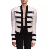 QUALITY Newest 2023 Designer Runway Jacket Women's Cool Extra Shoulder Color Block Collarless Lion Buttons Band