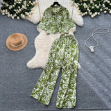 Fongt Light Style Suit Women's Fashion With Loose Short Print Shirt + High Waist Display Thin Leg Slacks