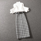 Ladies Elegant Suits Fall Winter Two Pieces Sets Womens Turtleneck Knitted Sweaters Tops And Tweed Plaid Long Skirts
