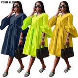 Solid Midi Dress 2022 African Women Summer Dresses Casual Puff Sleeve Pleated Ruffled Hem Bohemian Vestidos Robe Africaine