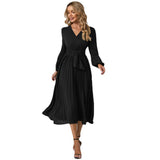 Fongt Thin Women's New Long-Sleeved Slim 100-Folded Belt V-Neck Dress A-Dress