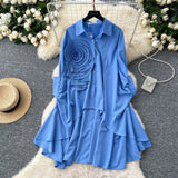 Fongt Version Of High-End Sense Polo Collar Shirt Women Autumn Three-Dimensional Flowers Loose Irregular Folding Tail Design Top