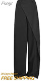 Women Clothing Buttons Irregular Patchwork High Waist Loose Mopping Pants All-match Solid Suit Straight Trousers