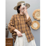 Fongt Spring And Autumn New Art Retro Long-Sleeved Shirt Women Loose Leisure Shirt Shirt Double Cotton Yarn Plaid
